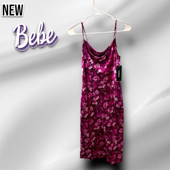 New NWT Women Bebe Printed Satin Bias Floral Midi Dress Ivory/ Multi Extra Small - Picture 4 of 5